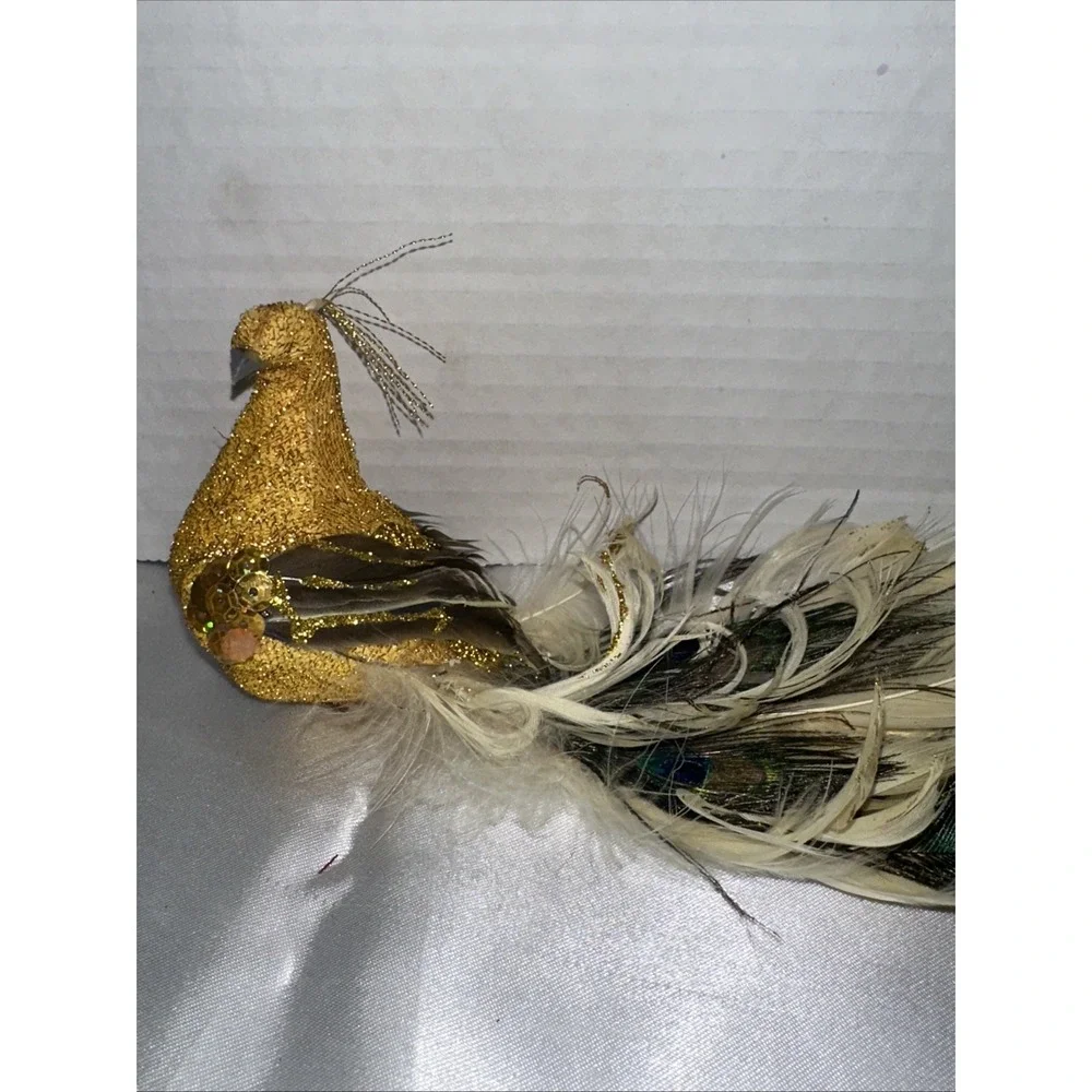 Vtg Pier One Gold Peacock Clip On Ornament Embellished Feathered Vintage Used